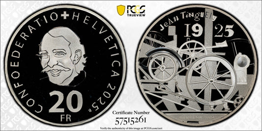 2025 Schweiz Jean Tinguely 20 Franken Silber PCGS MS69DCAM Auflage 7.500