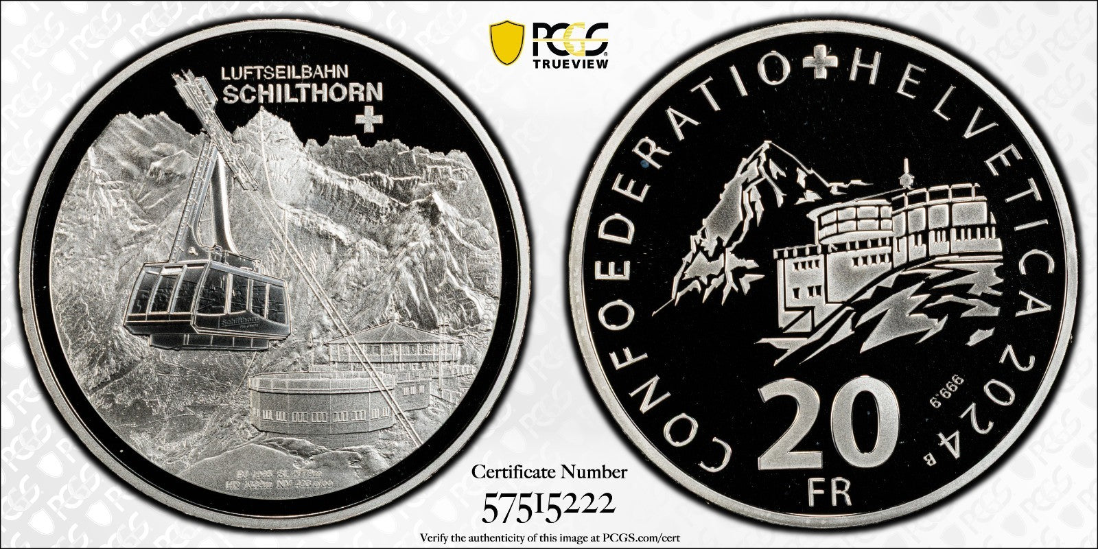 2024 Schweiz Luftseilbahn Schilthorn 20 Franken Silber PCGS PR70DCAM Proof