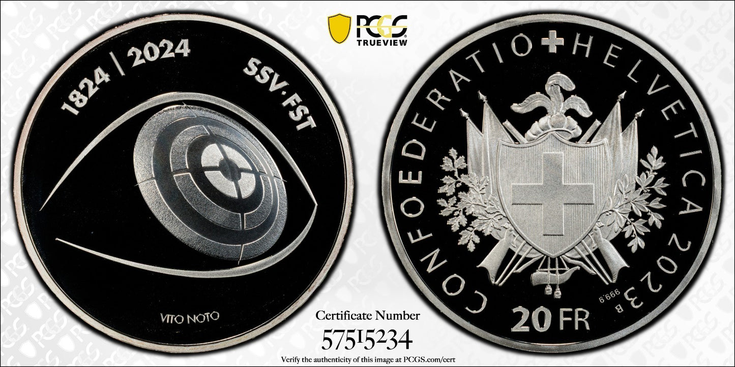 2023 Schweiz 200 Jahre Schiesssportverband 20 Franken Silber PCGS PR70DCAM
