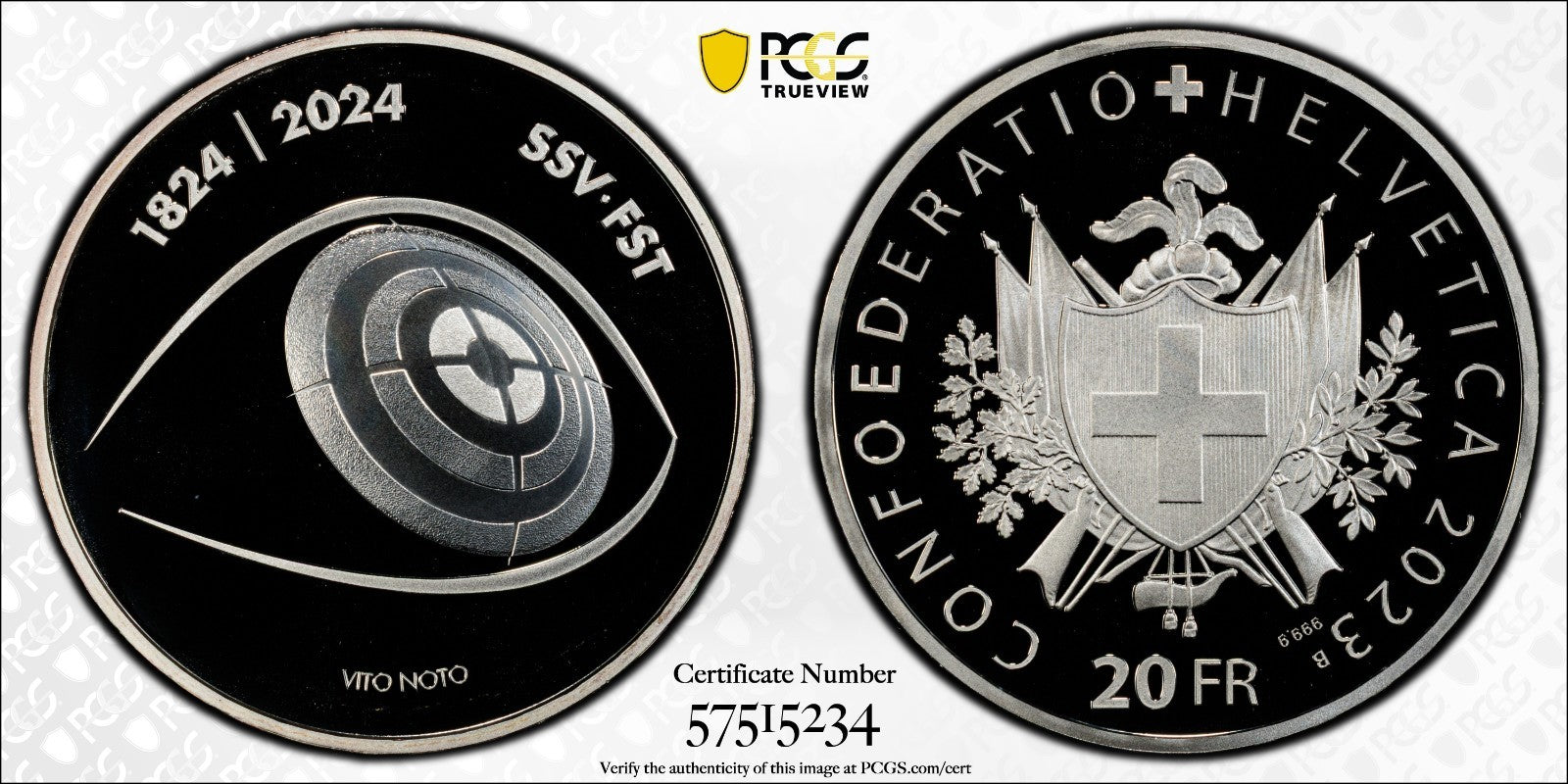 2023 Schweiz 200 Jahre Schiesssportverband 20 Franken Silber PCGS PR70DCAM