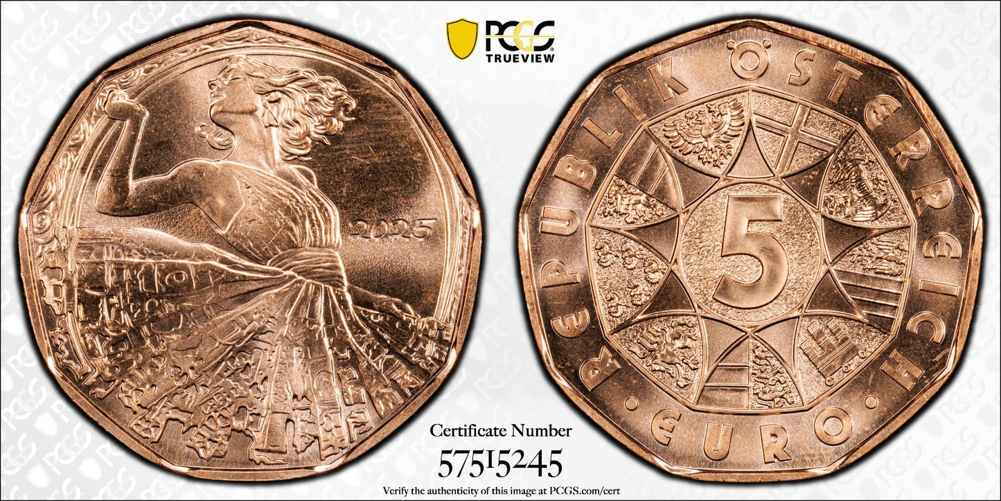 2025 Österreich Tanz dich frei - Grete Wiesenthal 5 Euro Kupfer PCGS MS67 RD