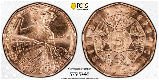 2025 Österreich Tanz dich frei - Grete Wiesenthal 5 Euro Kupfer PCGS MS67 RD