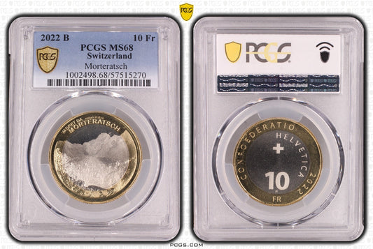 2022 Schweiz Morteratsch Gletscher 10 Franken Bimetall PCGS MS 68 Auflage 15.800