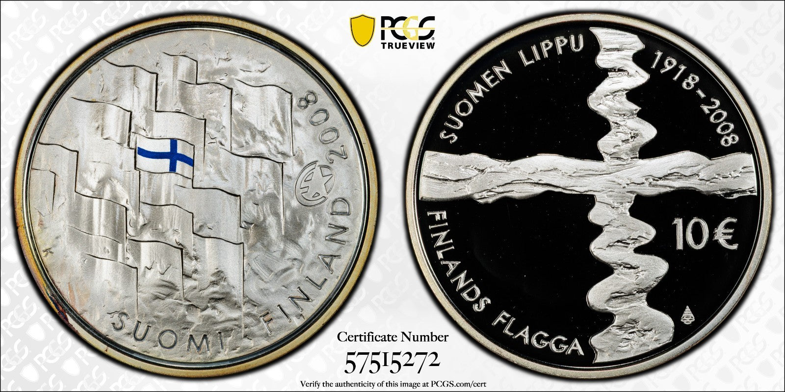 2008 Finnland Flagge 10 Euro Silber 925er PCGS PR69DCAM Proof Auflage 26.000