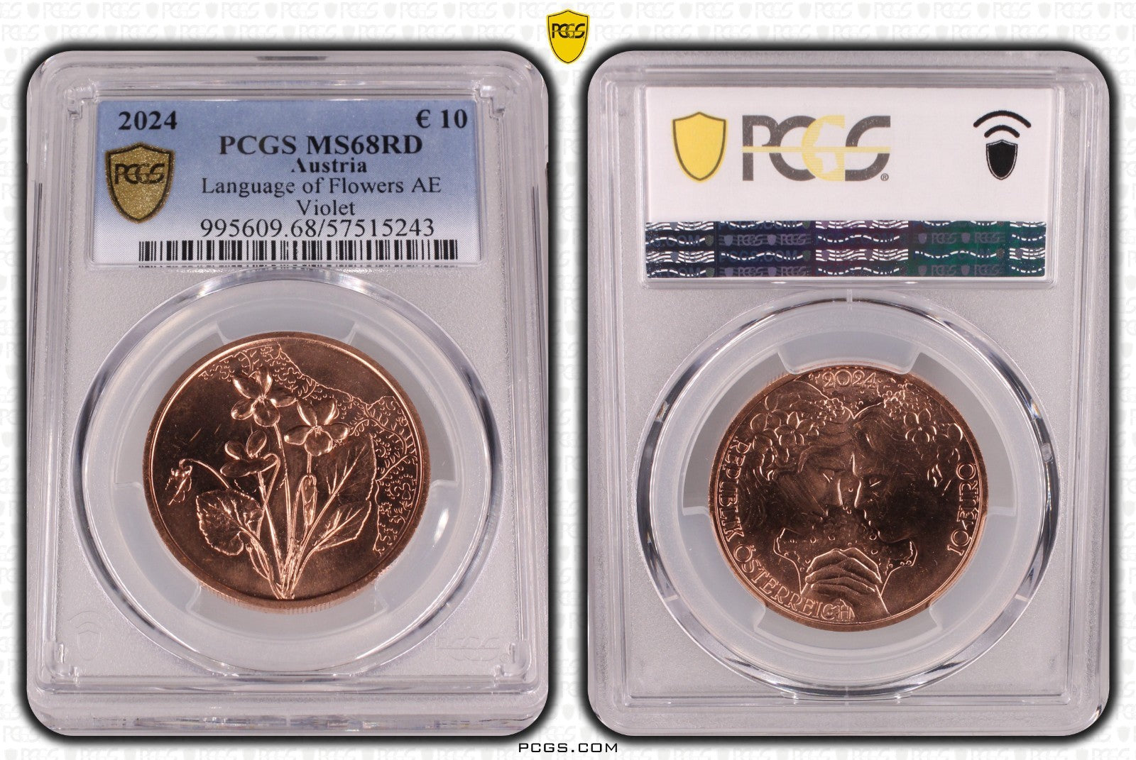2024 Österreich Veilchen Sprache der Blumen 10 Euro Kupfer PCGS MS68 RD