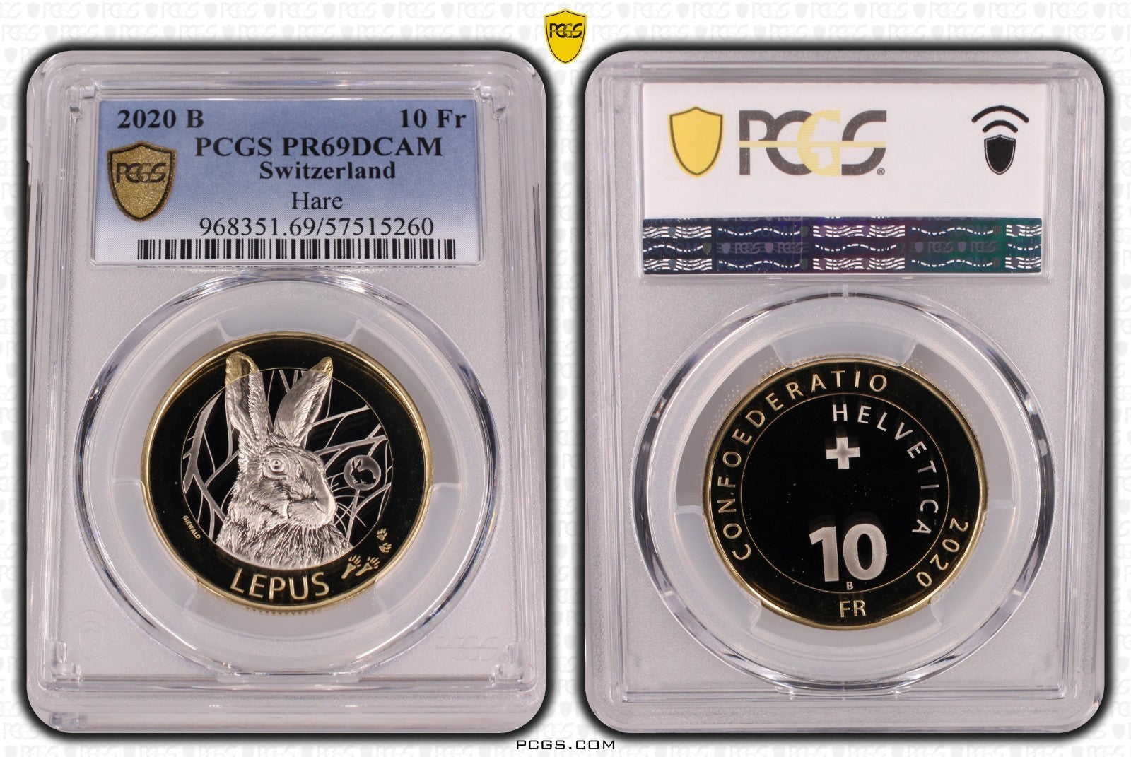 2020 Schweiz Hase Lepus Hare 10 Franken Bimetall PCGSPR69DCAM Auflage 5.500