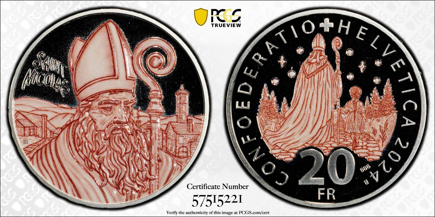 2024 Schweiz St. Nikolaus - 20 Franken Silber PCGS PR70DCAM Proof Aufl. 6.000