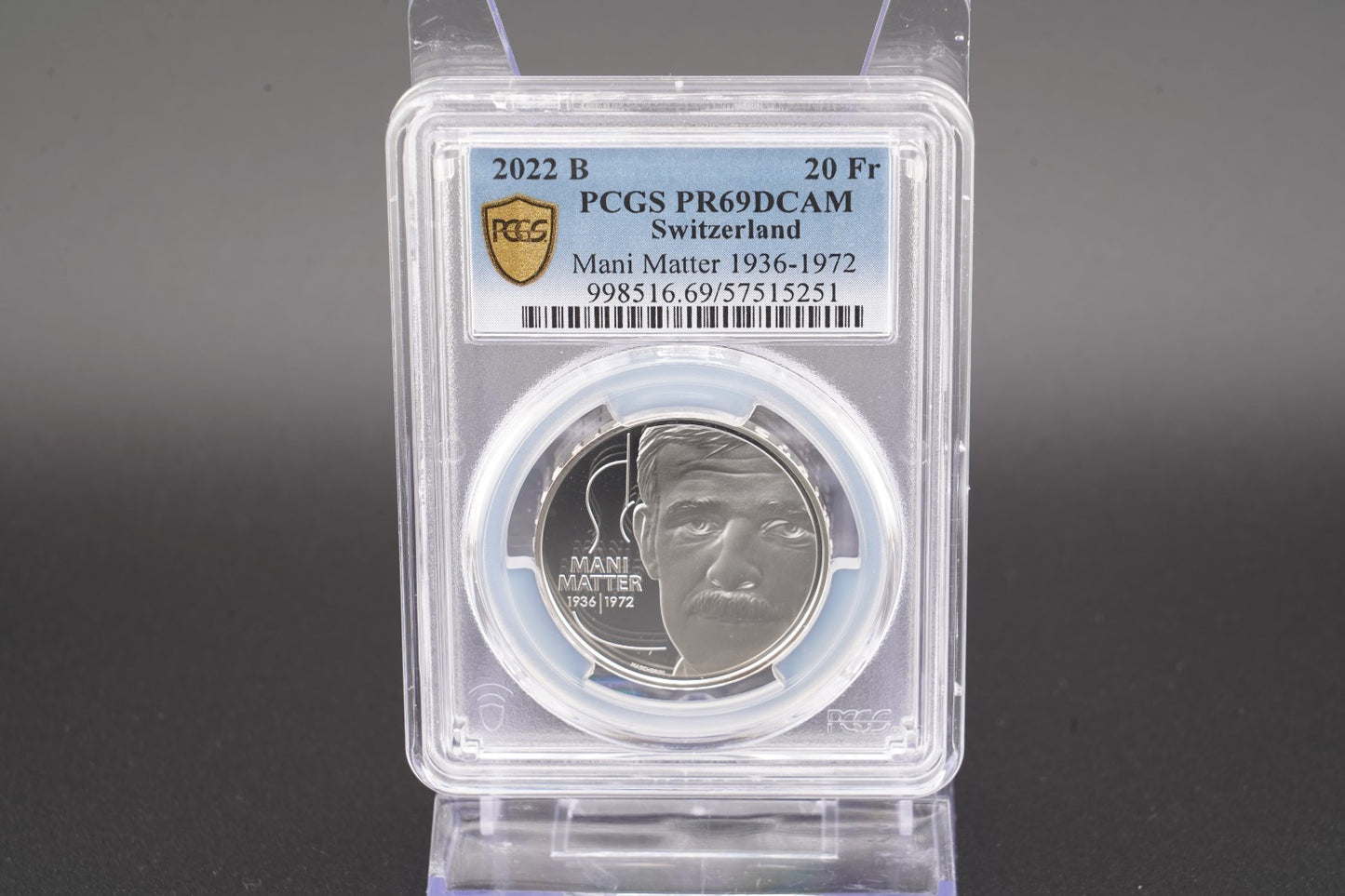 2022 Schweiz Mani Matter 20 Franken Silber PCGS PR69DCAM Proof Auflage 3.300